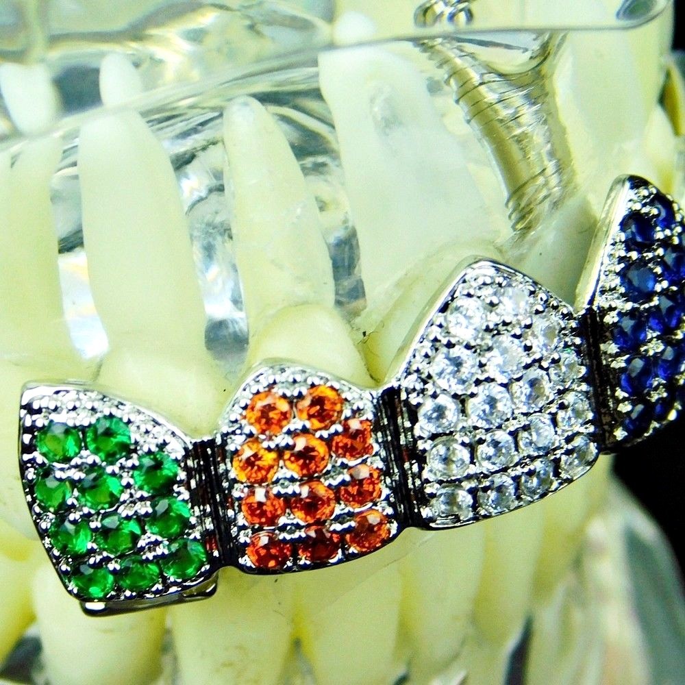 Color Grillz Silver Tone CZ Multi-Color Rainbow Iced Bling