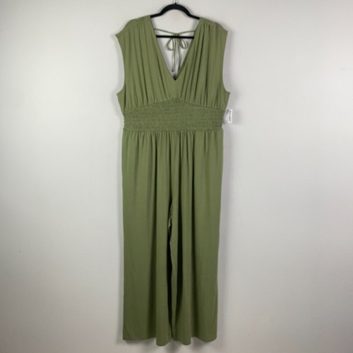 Old Navy Waist-Defined Shirred Jumpsuit Olive Green Size XL Wide Leg Stretch