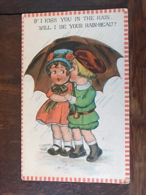 If I Kiss You in the Rain will I Be Your Rain-beau Vintage Postcard