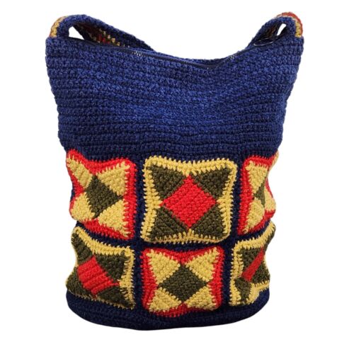 Borsa a tracolla vintage all'uncinetto foderata cerniera fatta a mano anni 70 boho hippie lg - Foto 4 di 14