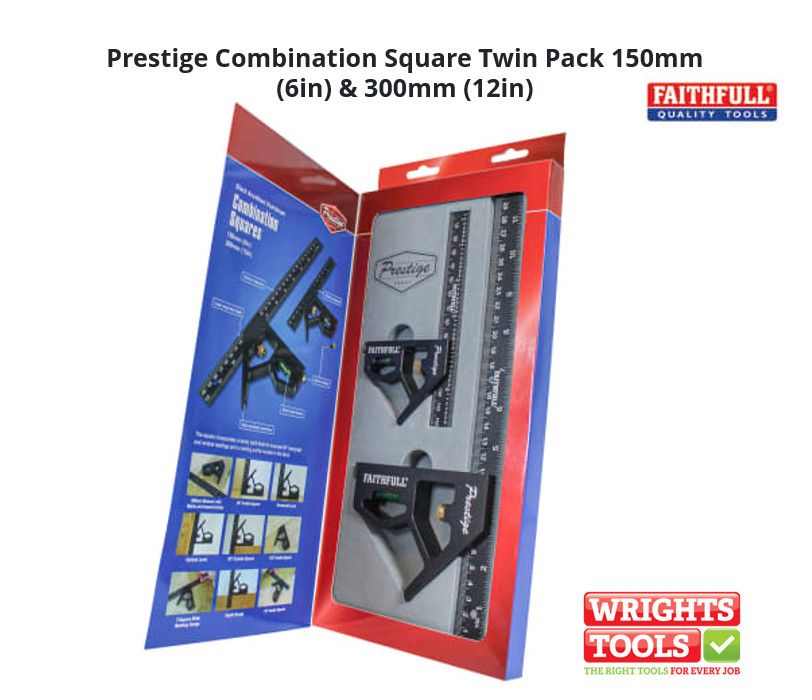 Faithfull Prestige Combination Square Twin Pack Black Aluminium 150mm (6in) & 300mm (12in) – Multi-Function Measuring & Layout Tools with Spirit Level & Marking Scribe for Woodworking & Metalwork - Image 2