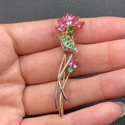Womens Unique Dress Brooch In Pink Sapphire & Green Simulated Diamond 925  Silver | eBay