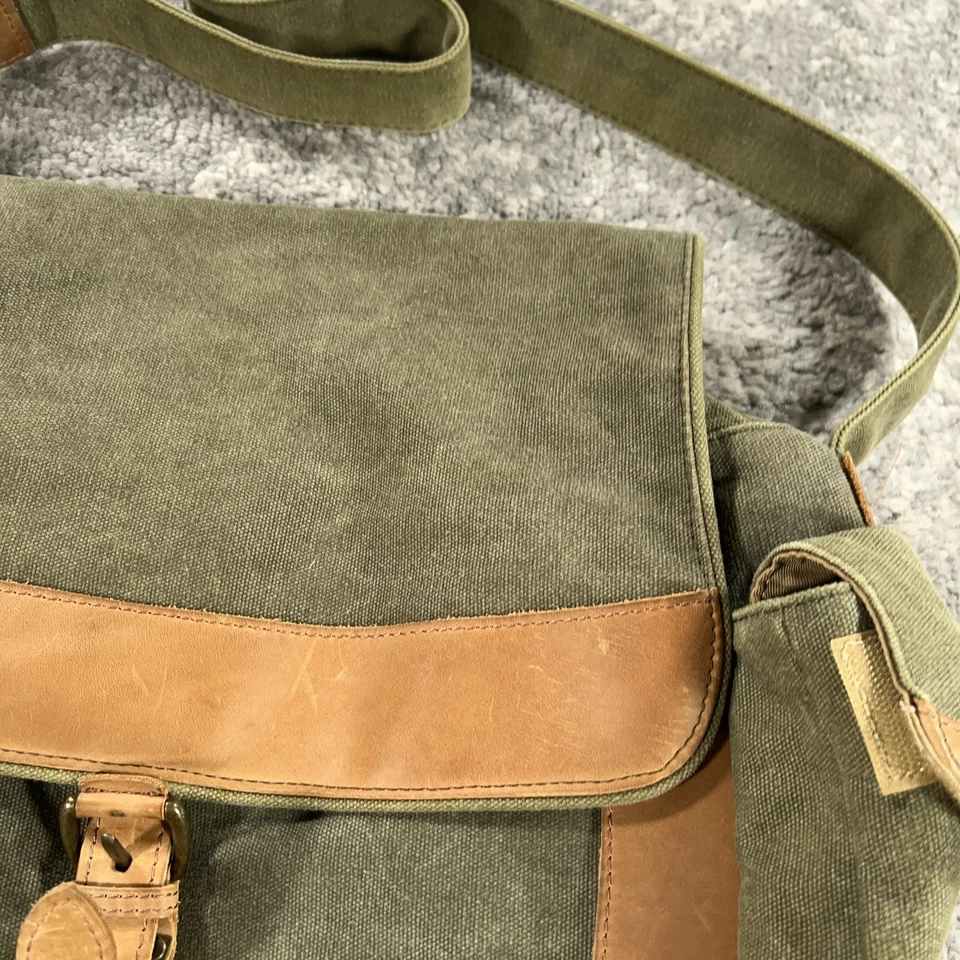 Bolso Mensajero LL Bean Verde Oliva Marrón Lona Cuero Bandolera Campo Safari Foto 3 de 4