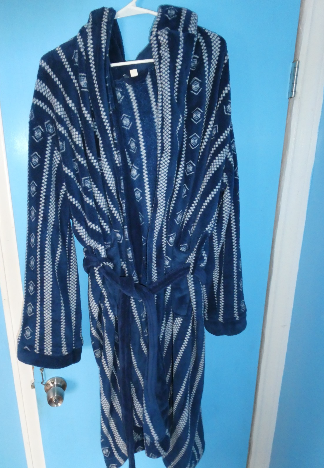 Ric Rac Plush Robe Plush L-XL Mens Hooded Bathrobe Robe Blue Print Long Soft Made Ric ...