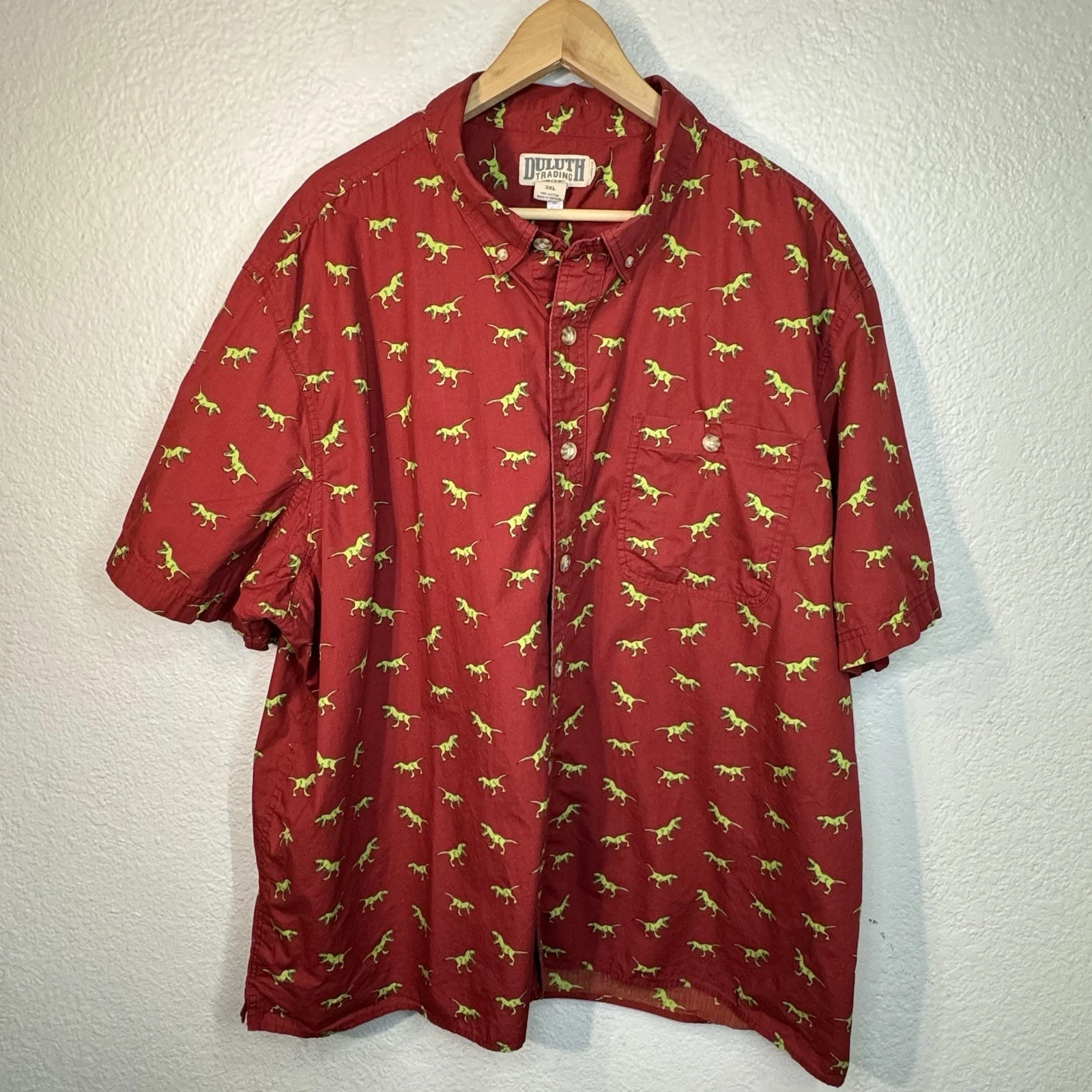 Duluth Trading Shirt Button Front Short Sleeve Red Dinosaur Print Rare Men 3XL