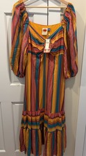 FARM Rio Anthropologie XL Colorful Stripe Midi Dress Puff Sleeve Resort Vaca NWT