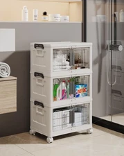 23QT Stackable Storage Bins with Lids - Folding Storage Box with Doors and Wh...