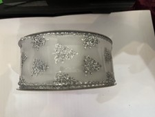 1.5  X 30 Ft Wired Edge Ribbon. Silver Glitter Trees On Sheer. Christmas Winter