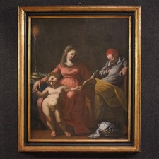 Sacra Famiglia dipinto antico quadro religioso Madonna col bambino XVII secolo