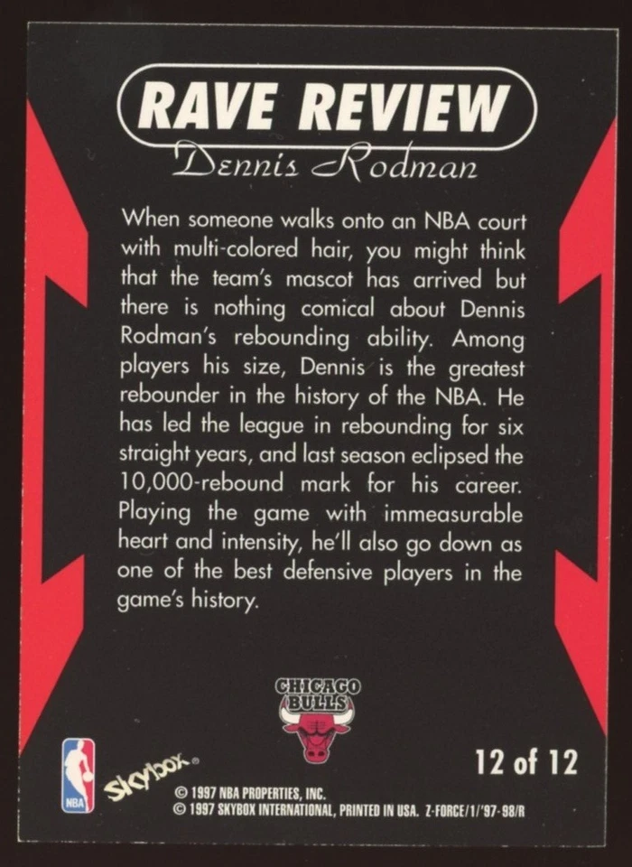 Skybox Z-Force Dennis Rodman Rave Review Insert Chicago Bulls 1997-98 Foto 2 de 2