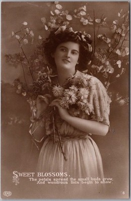 c1910s PRETTY LADY Real Photo RPPC Greetings Postcard ''SWEET BLOSSOMS'' / EAS