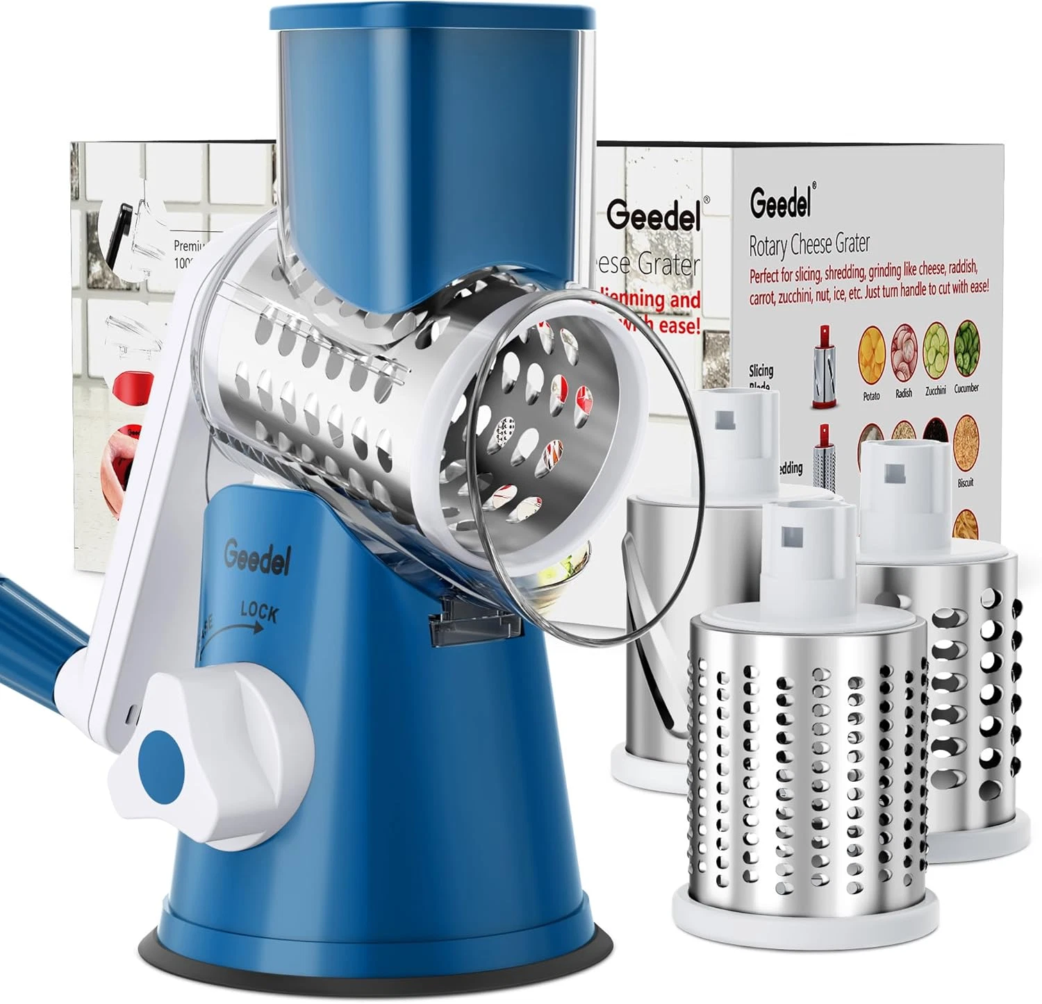 Rotary Cheese Grater, Kitchen Mandoline Vegetable Slicer with 3 Interchangeable