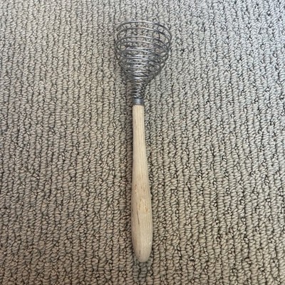 Vintage French Spring Coil Wire Whisk Wooden Handle Spiral Cone Egg Beater 8 