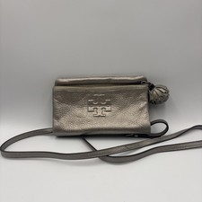 Tory Burch Thea Crossbody Bag - Metallic Silver Pebbled Leather - Magnetic Close