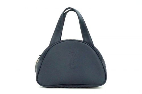 Yves Saint Laurent Vintage Mini Boston Handbag Tote YSL Logo Nylon Navy 7351h