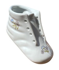Vintage Ceramic Baby Shoe Planter Decor White Floral Design