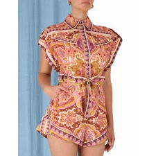 Zimmerman Halcyon Printed Linen Playsuit in Mustard and Pink Paisley Print Sz 6