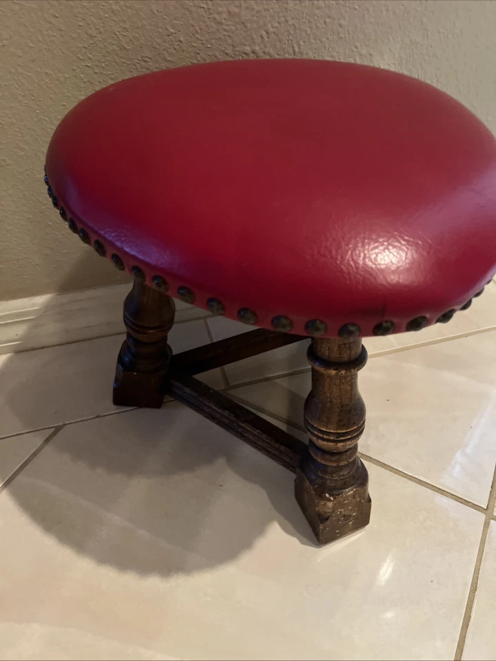 Primitive vintage triangle foot stool with wood legs Nailhead Trim 12” H - Image 2 of 4
