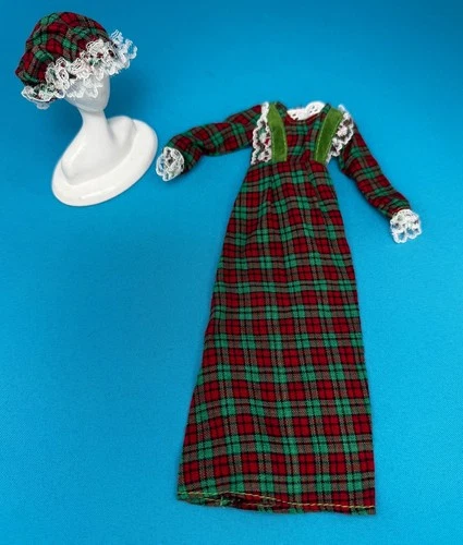 Vintage Cher Ward Mego Tuesday Taylor Doll Clothes Christmas Plaid Dress Bonnet