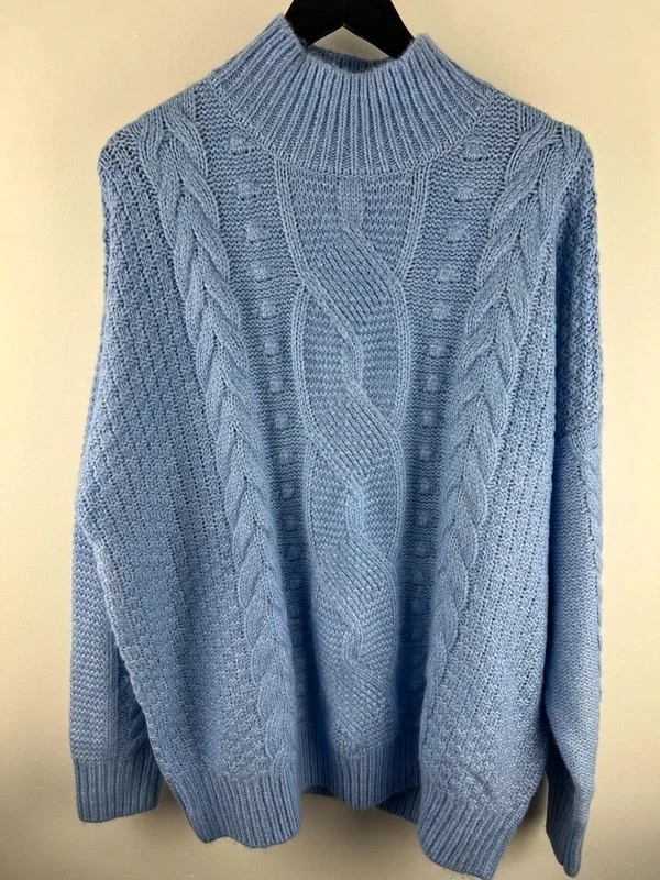 F&F Blue Cable Knit Jumper UK 20 High Neck Chunky Winter Knit
