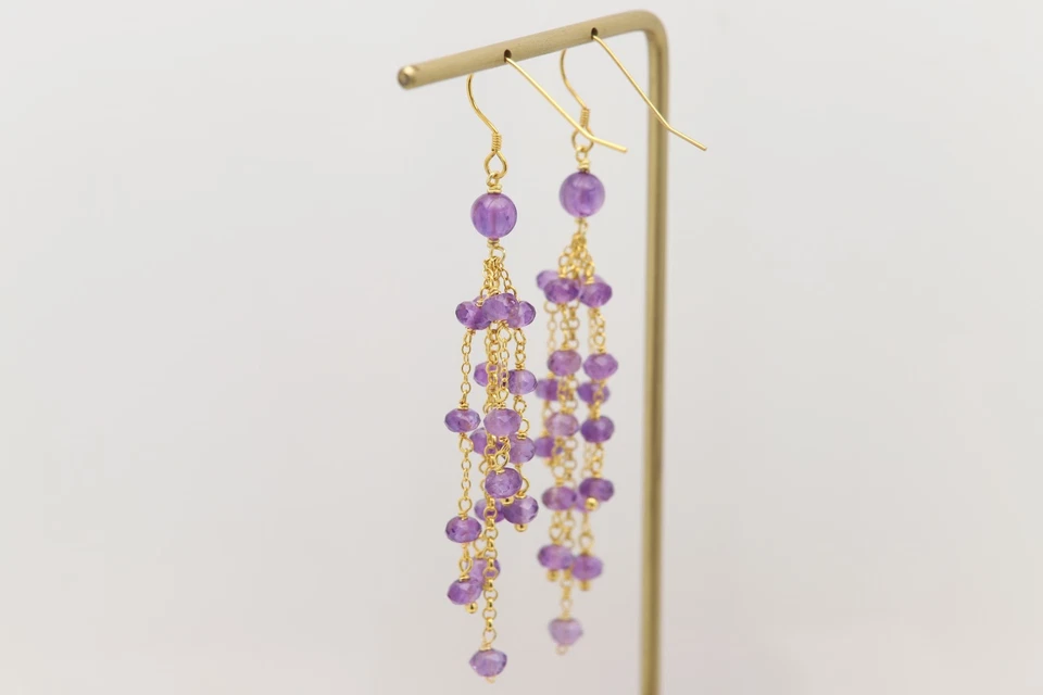 Pendientes colgantes morados piedras amatista natural araña larga chapada en oro Foto 3 de 4