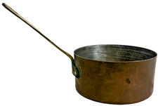 Copper tin-lined saucepan, long brass handle — Made in Lebanon, 6.5" dia