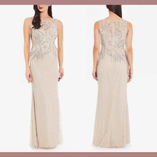 NEW $329 ADRIANNA PAPELL [ 6 ] Sleeveless Beaded Column Gown In Biscotti #G1158