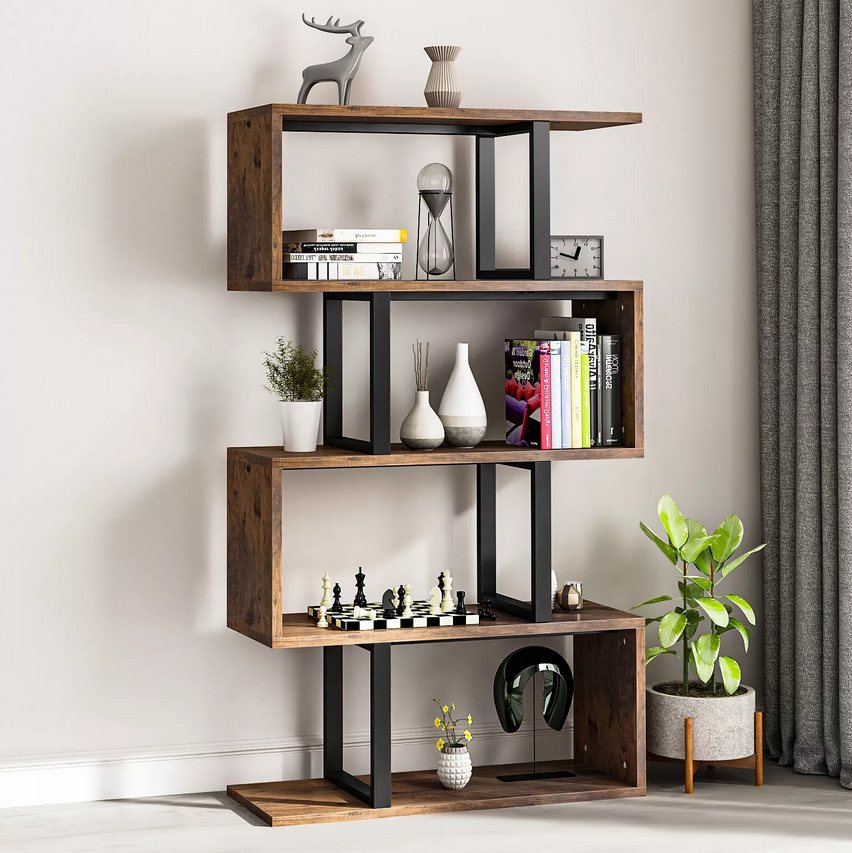5 Tier Bookcase Wooden S-Shaped Z-Shelf Bookshelf Display Rack Storage Shelf