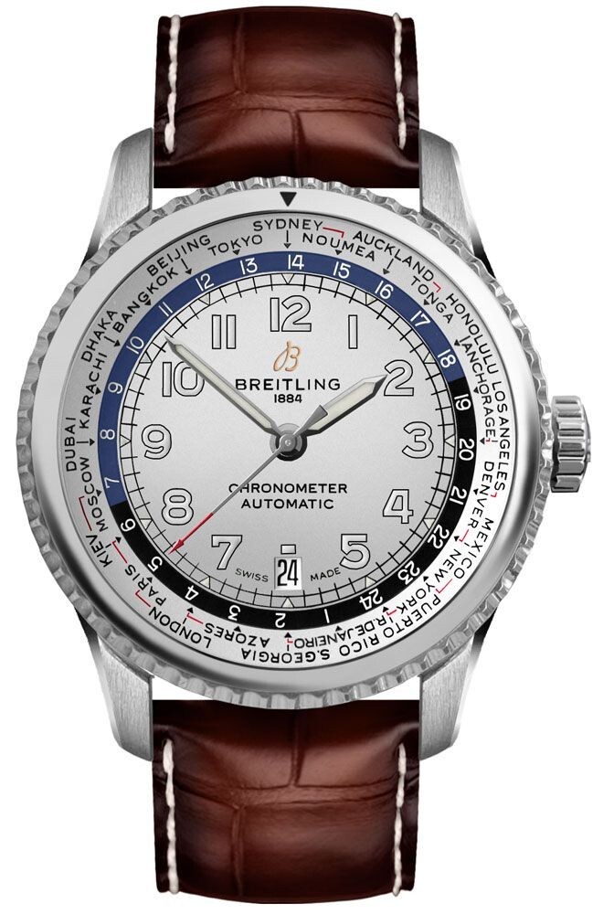 Breitling Aviator 8 Silver Dial Brown Leather Strap Stainless Steel Mens Watch