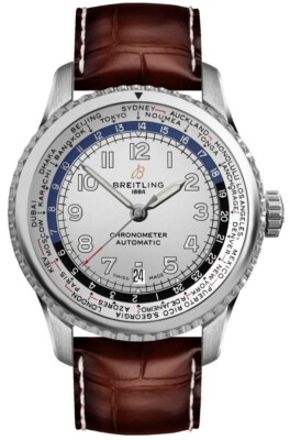 Breitling Aviator 8 Unitime AB3521 Silver Dial Brown Leather Strap Men's Watch