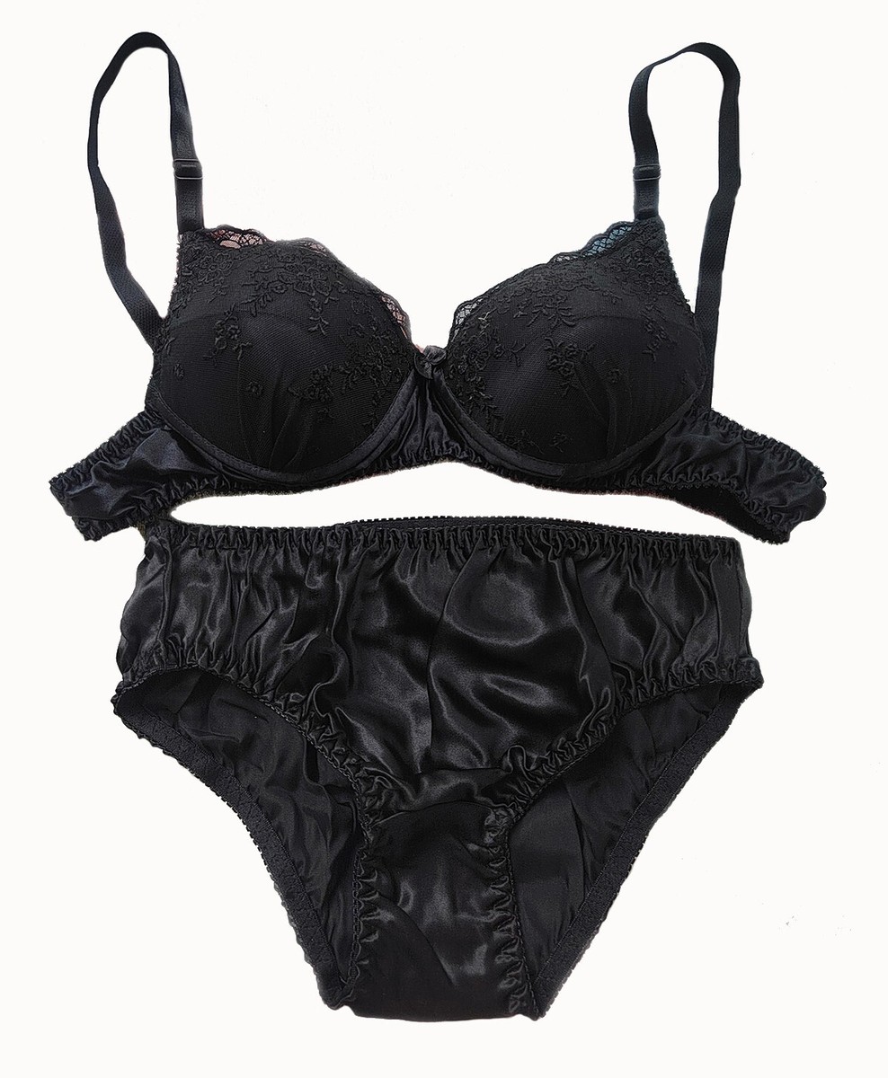 Embroidery 100% Silk Bra Panty set 34B Bra Panty M Black