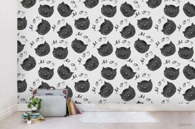 3D Cartoon Cat Head Letter Pattern Self-adhesive Removeable Wallpaper Wall Mural