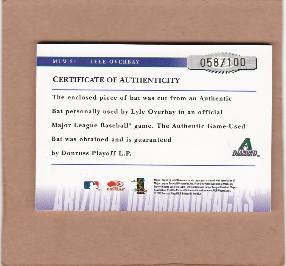 Donruss Prime Patches Materials Bat Relic 2005 #MLM-31 058/100 Lyle Overbay automático Foto 2 de 2