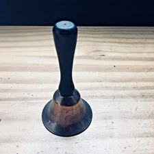 Vintage 1930s Handheld Brass Dinner Bell Teacher Bell W/ Wood Handle 3.75"H