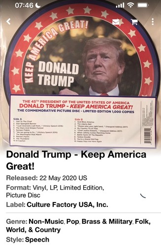 Donald Trump- Keep America Great Vinyl Lp LE pic disk Never Opened/ Played - Picture 5 of 5