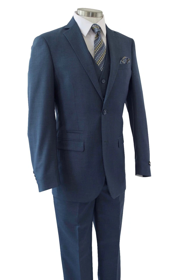 Men's Medium Blue Sharkskin 3pc 2 Button Slim-Fit Suit w/ Matching Vest NEW  - Image 4 of 4