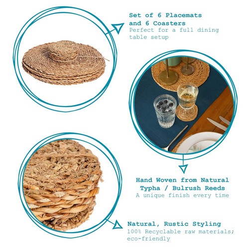 Round Straw Placemats & Coasters Dinner Water Hyacinth Weave - Typha - x12 - Picture 2 of 7