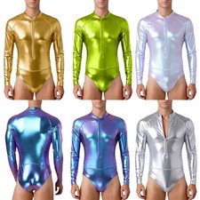 Men's Metallic Shiny Bodysuit Zipper Long Sleeve Bodycon Leotard for Nightclub