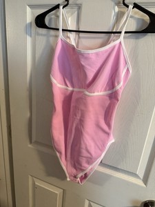 OQQ Women's Ribbed Bodysuit Pink White Trim Cross Back Straps Size XL Activewear