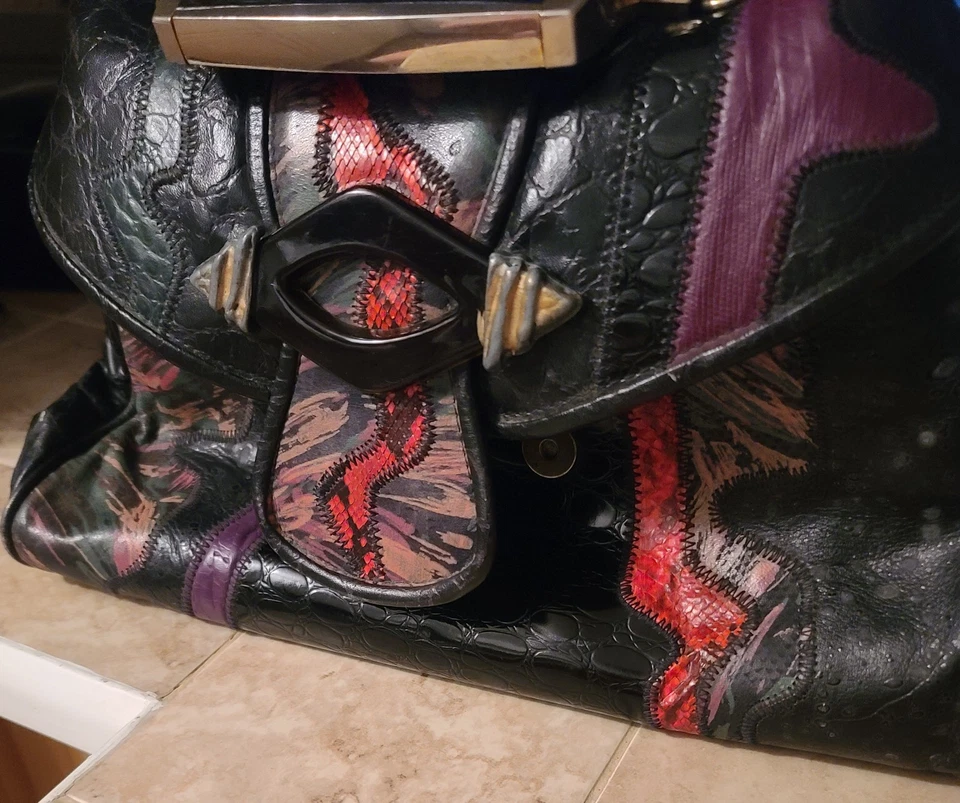 Bolso de médico REEM 1980 vintage con tapa abatible retazos de cuero en relieve multicolor Foto 2 de 4