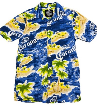 Corona Extra Beer Hawaiian Button Up Shirt Palm Tree Tropical Mens Size Small