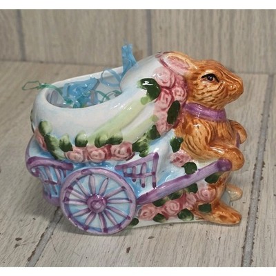 Vintage Ceramic Easter Bunny Rabbit Pulling Cart Hand Painted Planter Decor
