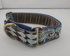 1.5 inch Wide Martingale Collar Blue Brown Paisley-Velvet Lining- SM/MD