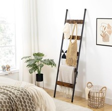 5-Tier Wall-Leaning Blanket Rack/ Towel Rack with Hooks - Rustic Brown Wood