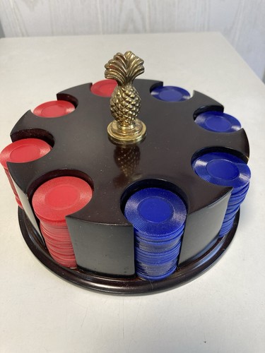 Vintage Wood Poker Chip Holder  Carousel Caddy w Brass Pineapple Handle Good+