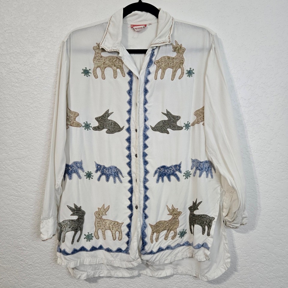 René Derhy Vintage Crushed Velvet Animal Button Up Shirt Womens Small Novelty