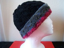 Hand knitted warm cozy beanie/hat, cable pattern, black colors, youth