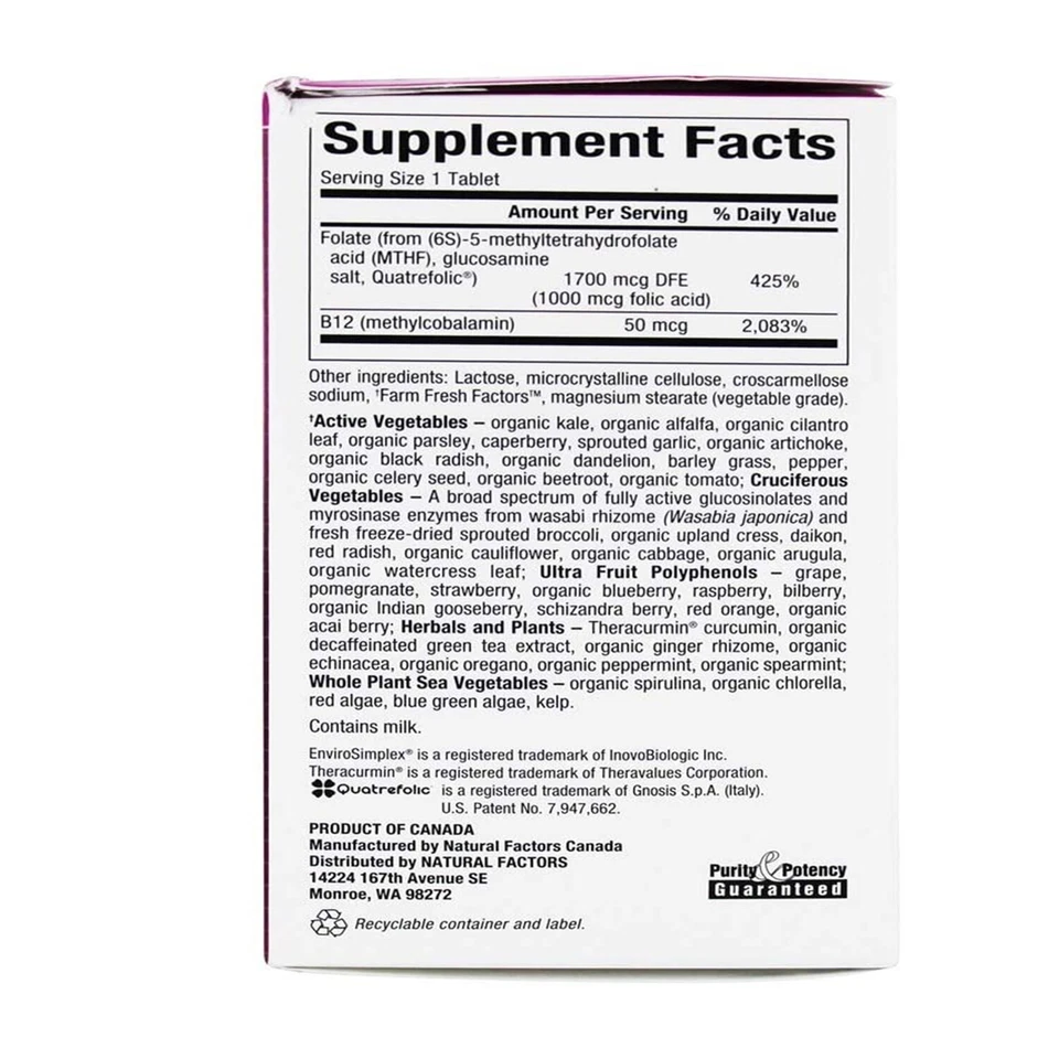 Folato BioCoenzimado Natural Factors + Vitamina B12, 60 Comprimidos Foto 2 de 2