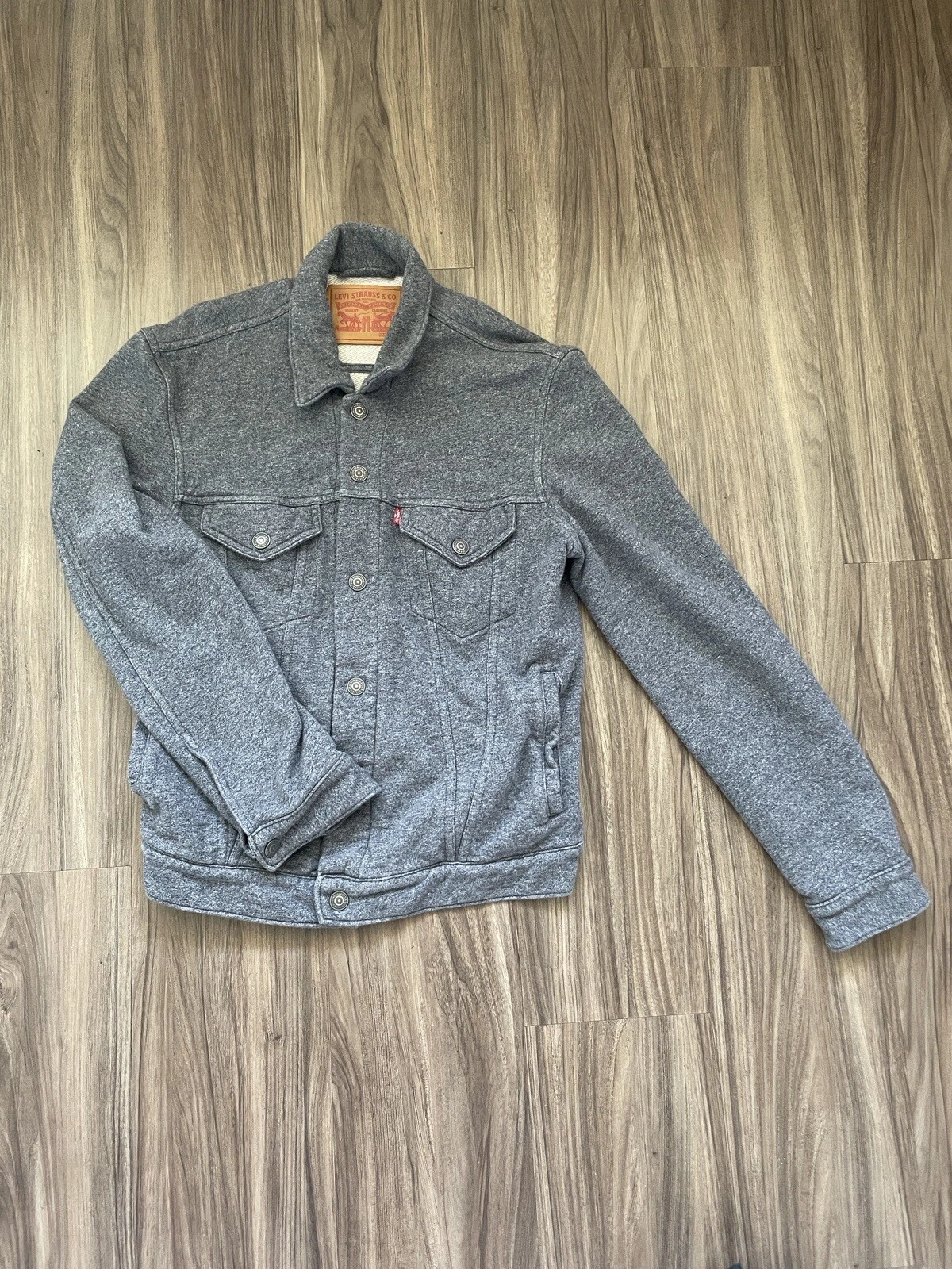 Levi's French Terry Trucker Jacket Men's Medium Gray Stretch Knit Snap Front