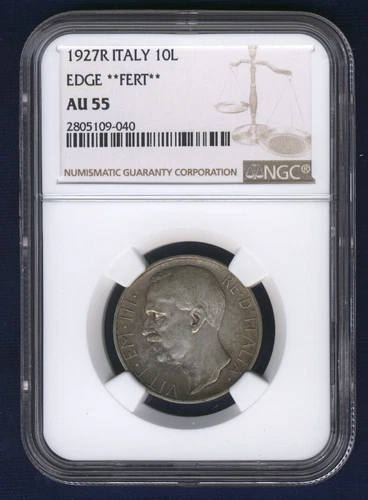 ITALY KINGDOM 1927-R 10 LIRE SILVER COIN ALMOST UNCIRCULATED CERTIFIED NGC AU55
